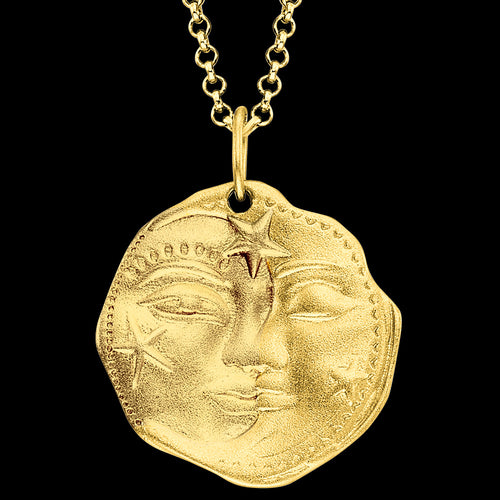ENGELSRUFER GOLD SUN MOON & STARS COIN NECKLACE - FRONT CLOSE-UP