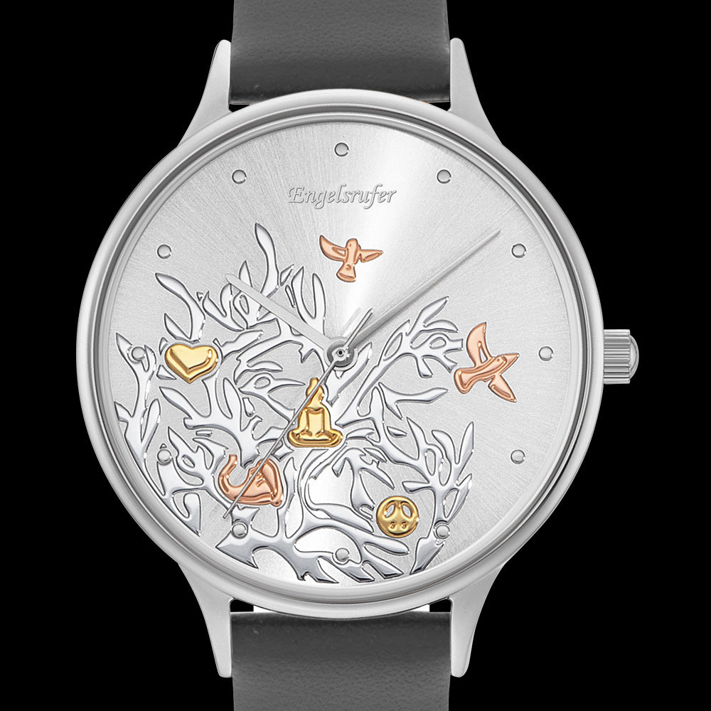 ENGELSRUFER TREE OF LIFE SILVER  LEATHER WATCH - DIAL CLOSE-UP