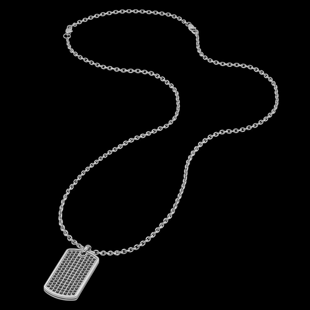 SAVE BRAVE MEN'S GARETT BLACK PAVE CZ DOG TAG STAINLESS STEEL NECKLACE - FULL VIEW