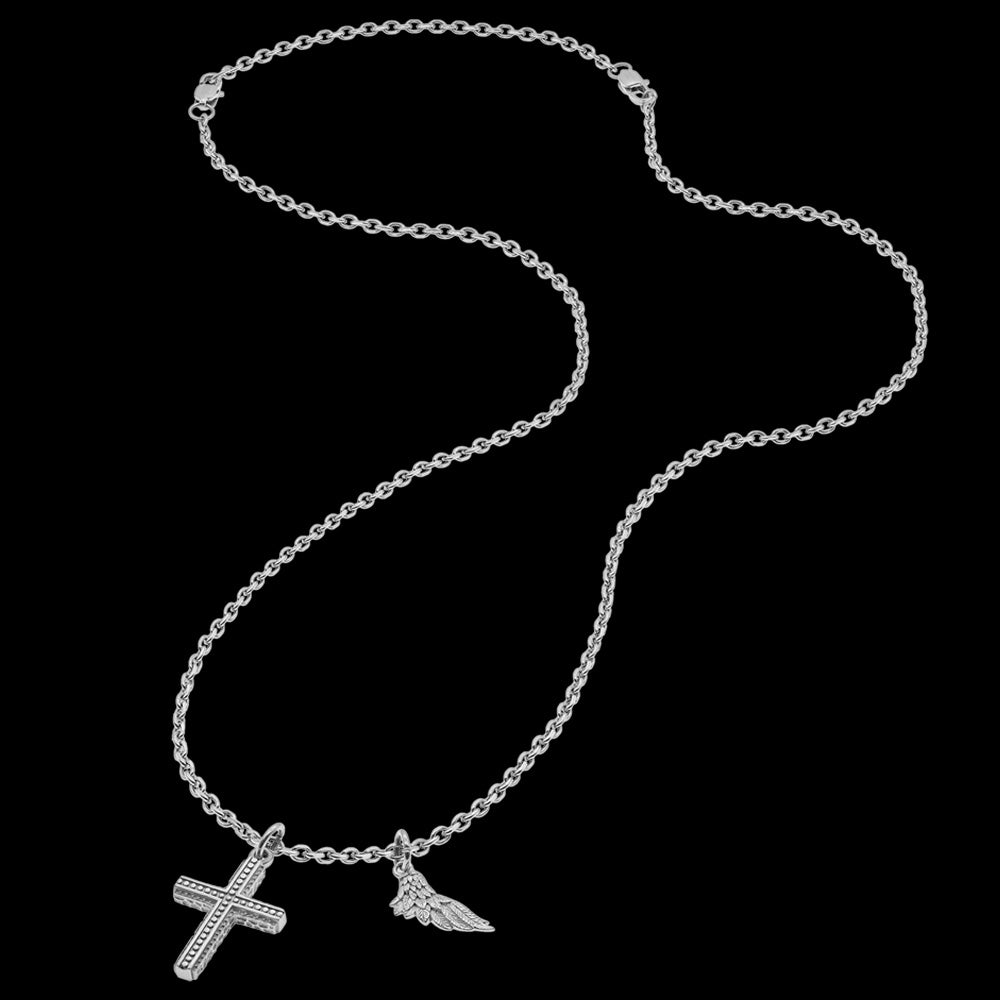 SAVE BRAVE MEN'S FAITH CROSS & WING STAINLESS STEEL NECKLACE - FULL VIEW