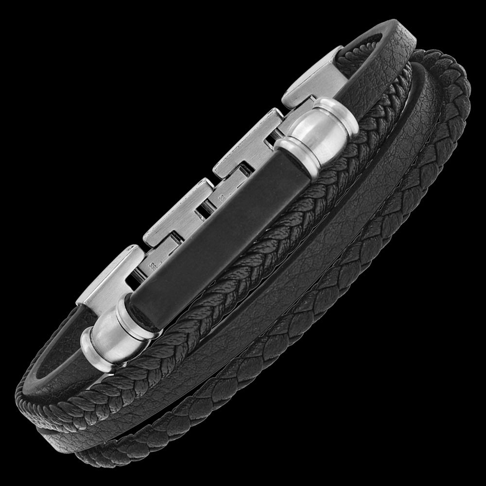 SAVE BRAVE MEN'S FELIX BLACK LEATHER ID BRACELET - TILT VIEW