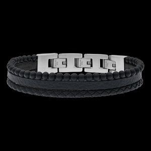 SAVE BRAVE MEN'S TYLER BLACK LEATHER ONYX BEAD BRACELET