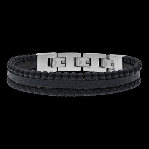 SAVE BRAVE MEN'S TYLER BLACK LEATHER ONYX BEAD BRACELET