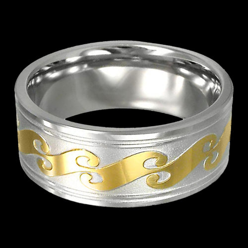 STAINLESS STEEL MEN’S GOLD WAVES RING - FRONT VIEW
