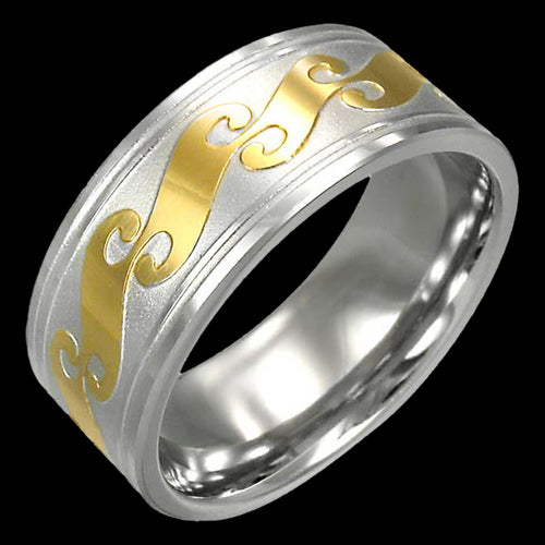 STAINLESS STEEL MEN’S GOLD WAVES RING
