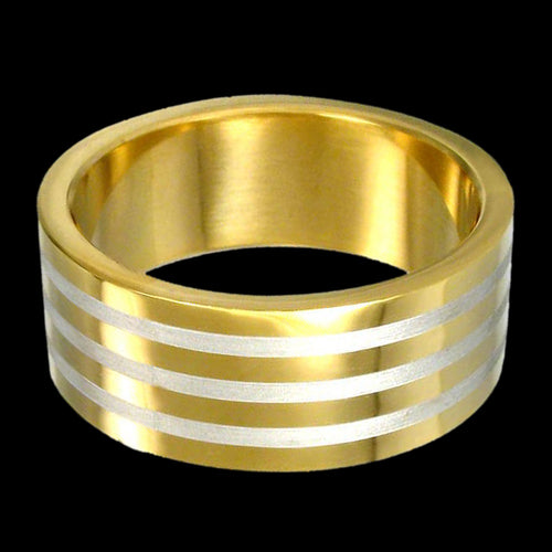 STAINLESS STEEL MEN’S GOLD IP TRI-BAND RING - FRONT VIEW