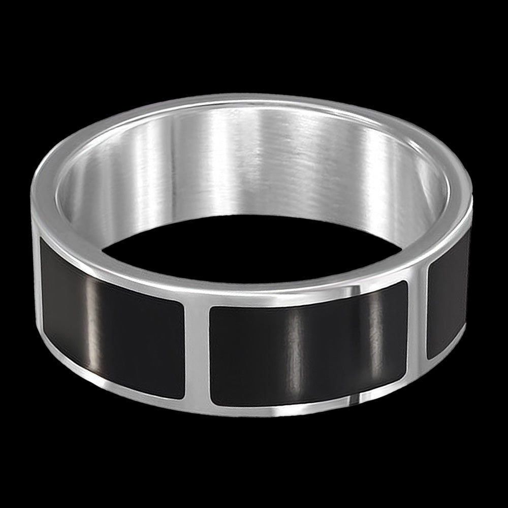 STAINLESS STEEL MEN'S BLACK PANEL RING - FRONT VIEW