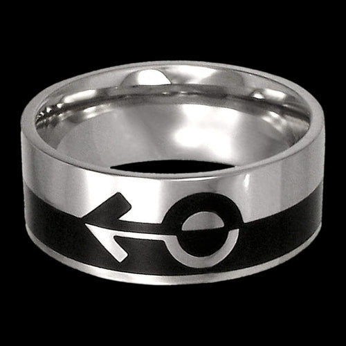 STAINLESS STEEL MEN’S MARS MALE SYMBOL RING - FRONT VIEW