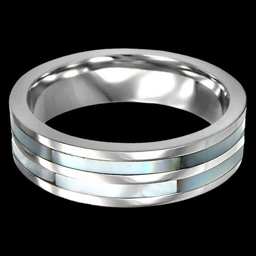 STAINLESS STEEL MEN’S MOTHER OF PEARL INLAY RING - FRONT VIEW