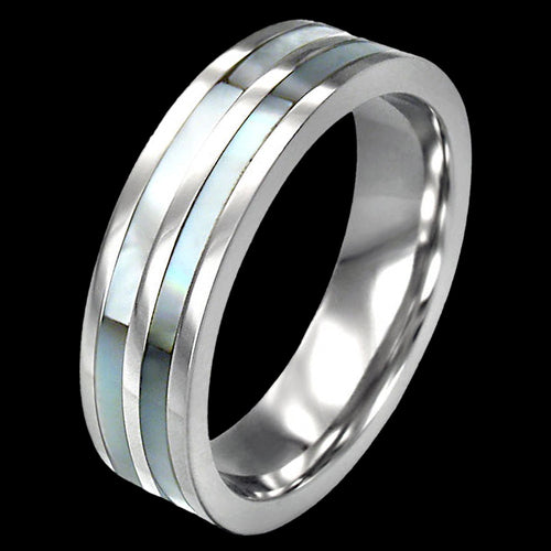 STAINLESS STEEL MEN’S MOTHER OF PEARL INLAY RING
