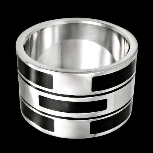 STAINLESS STEEL MEN’S ULTRA WIDE BLACK PANEL RING - FRONT VIEW