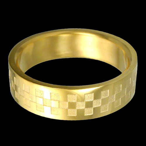 STAINLESS STEEL MEN'S CHECKERBOARD GOLD IP RING - FRONT VIEW