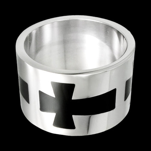STAINLESS STEEL MEN’S BLACK CROSS ULTRA WIDE RING - FRONT VIEW