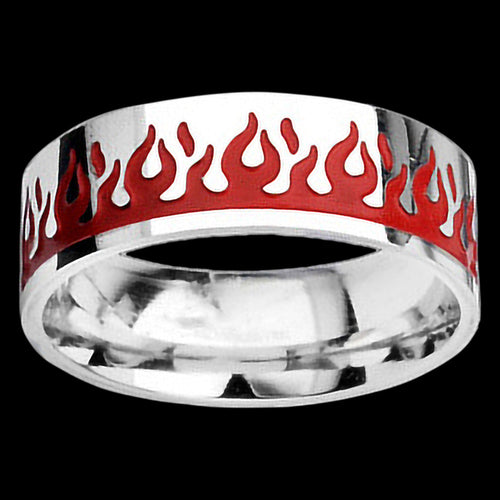STAINLESS STEEL MEN’S RED FLAMES RING - TOP VIEW