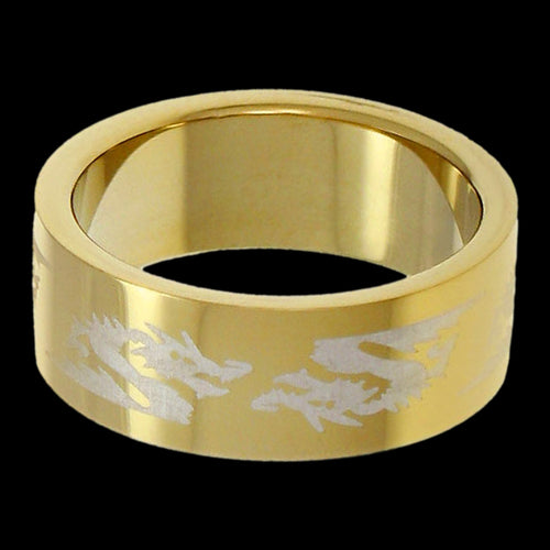 STAINLESS STEEL MEN’S DRAGON ETCH GOLD IP RING - FRONT VIEW