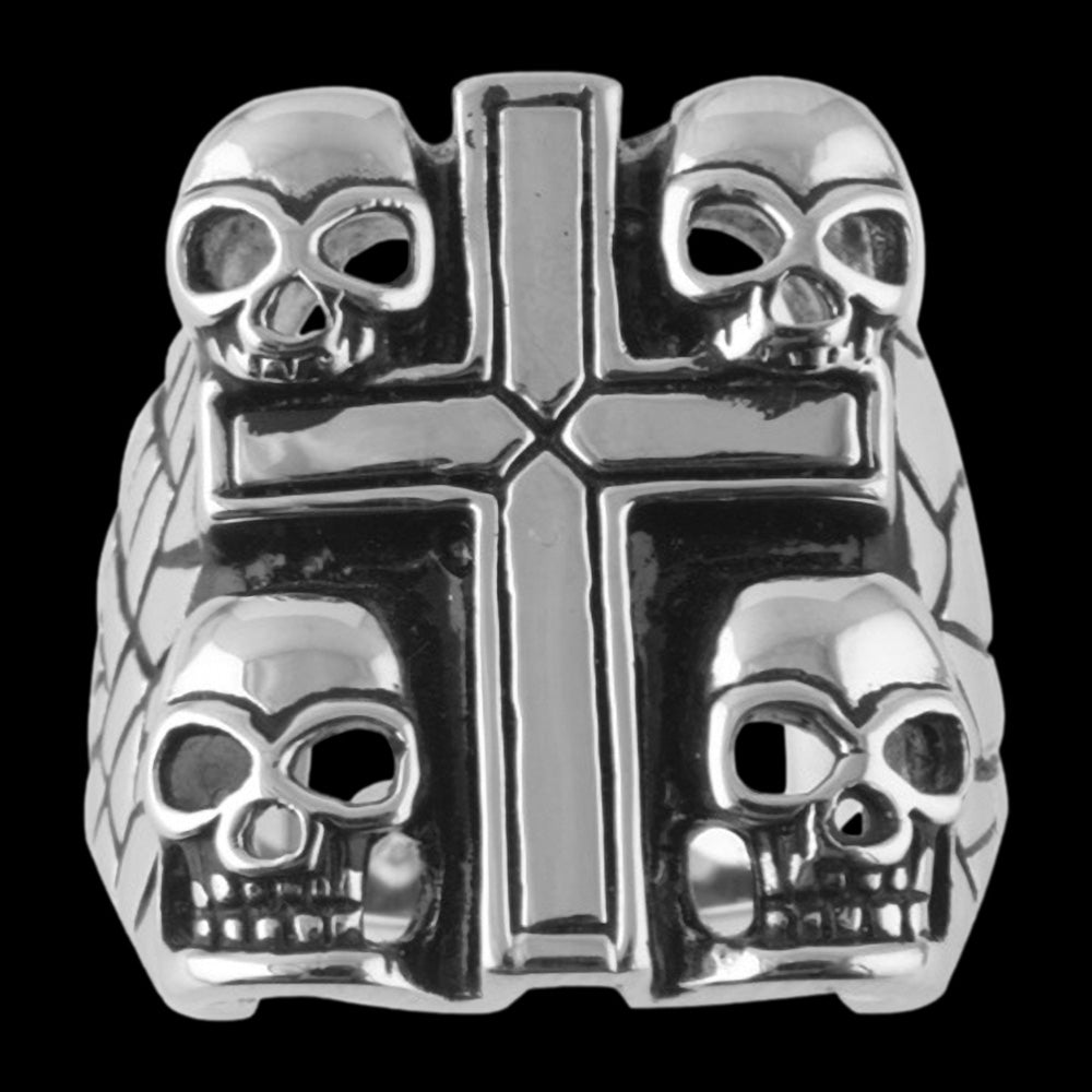 STAINLESS STEEL SQUARE CROSS & SKULLS RING - FRONT VIEW