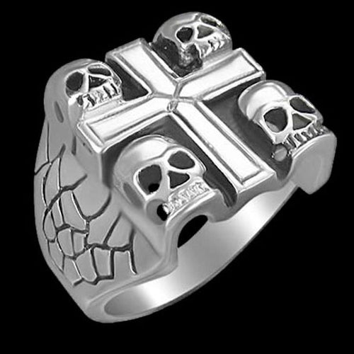 STAINLESS STEEL SQUARE CROSS & SKULLS RING