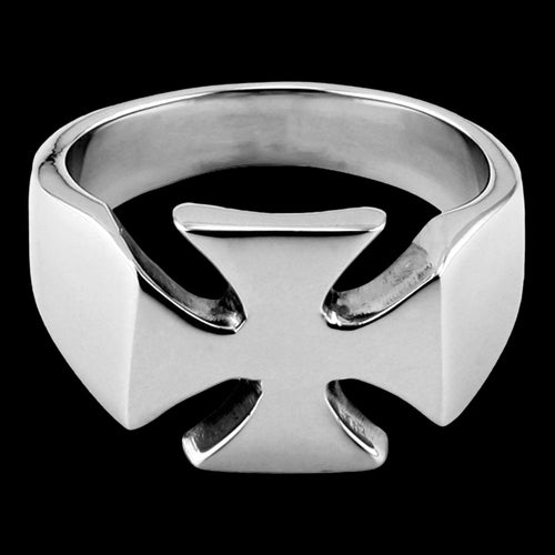 STAINLESS STEEL MEN'S IRON CROSS RING - FRONT VIEW