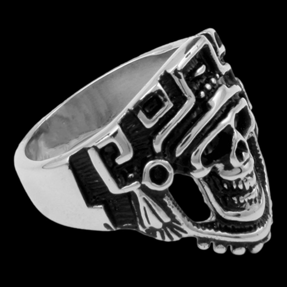STAINLESS STEEL MEN'S SKULL AZTEC DEATH MASK RING - SIDE VIEW 2