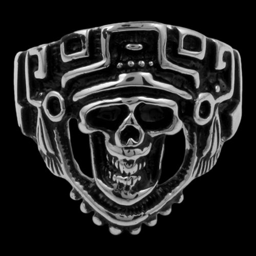 STAINLESS STEEL MEN'S SKULL AZTEC DEATH MASK RING