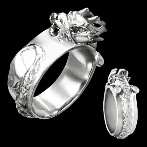STAINLESS STEEL MEN'S COILED DRAGON RING - SIDE VIEW