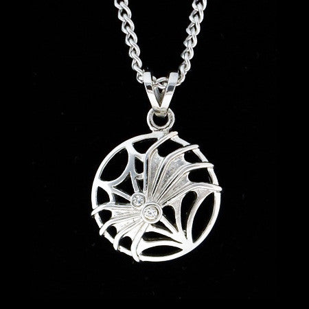 STAINLESS STEEL CZ SPIDER ON WEB NECKLACE