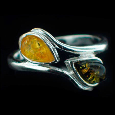STERLING SILVER honey & GREEN AMBER TEARDROPS RING