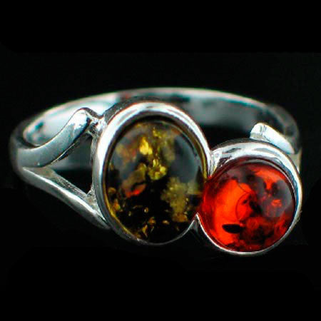 STERLING SILVER DOUBLE GREEN & COGNAC AMBER DROPS RING