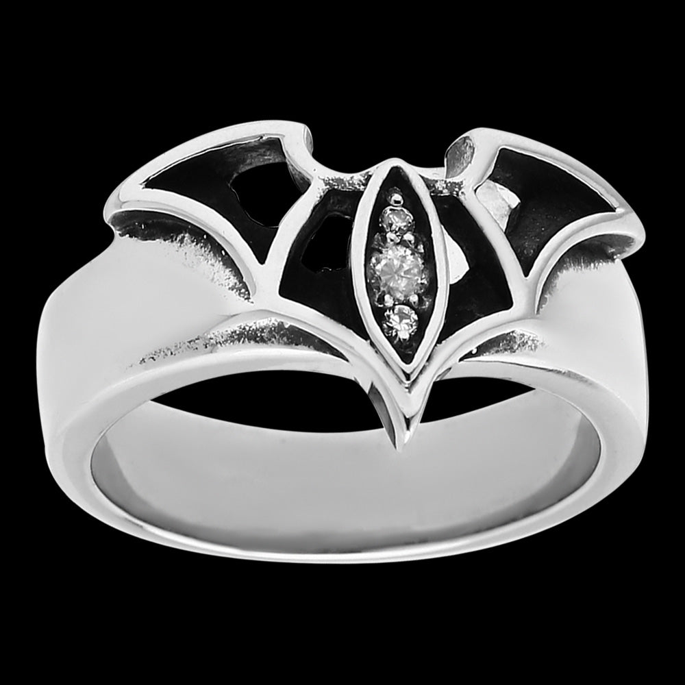 STAINLESS STEEL MEN'S FLYING BAT CZ RING - FRONT VIEW