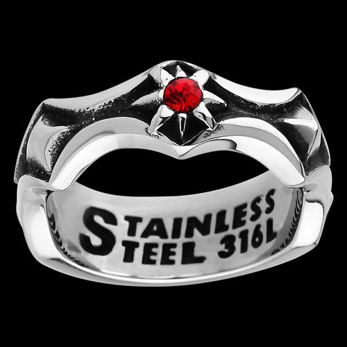 STAINLESS STEEL SORCERER'S EYE RED CZ RING - FRONT VIEW