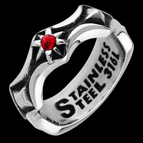 STAINLESS STEEL SORCERER'S EYE RED CZ RING