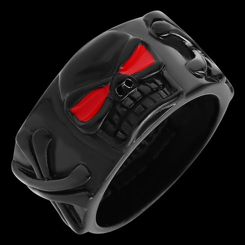 STAINLESS STEEL MEN'S LAVA WIDE BAND BLACK SKULL RING