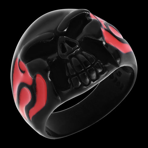 STAINLESS STEEL MEN'S LAVA BLACK FLAME SKULL RING