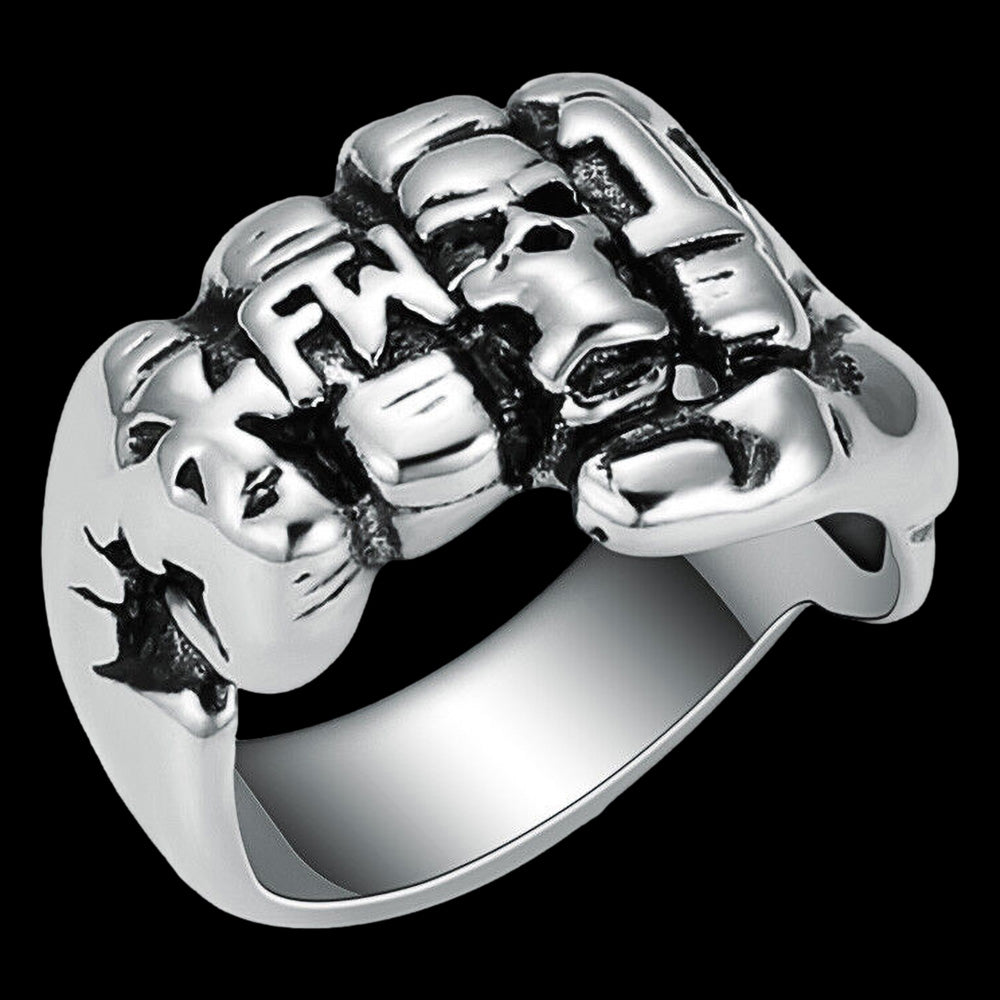 STAINLESS STEEL MEN'S SKULL FIST RING - TILT VIEW