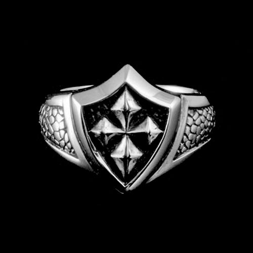 KOOLKATANA STAINLESS STEEL KNIGHT’S CROSS SHIELD RING - FRONT VIEW