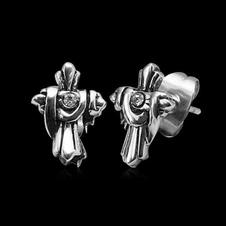 STAINLESS STEEL DECORATED CROSS STUD EARRINGS