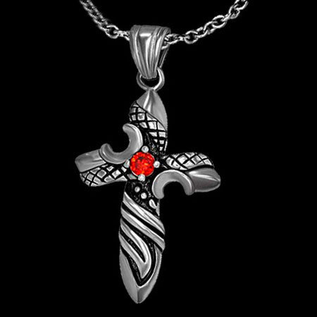STAINLESS STEEL RED CRYSTAL DAGGER CROSS NECKLACE