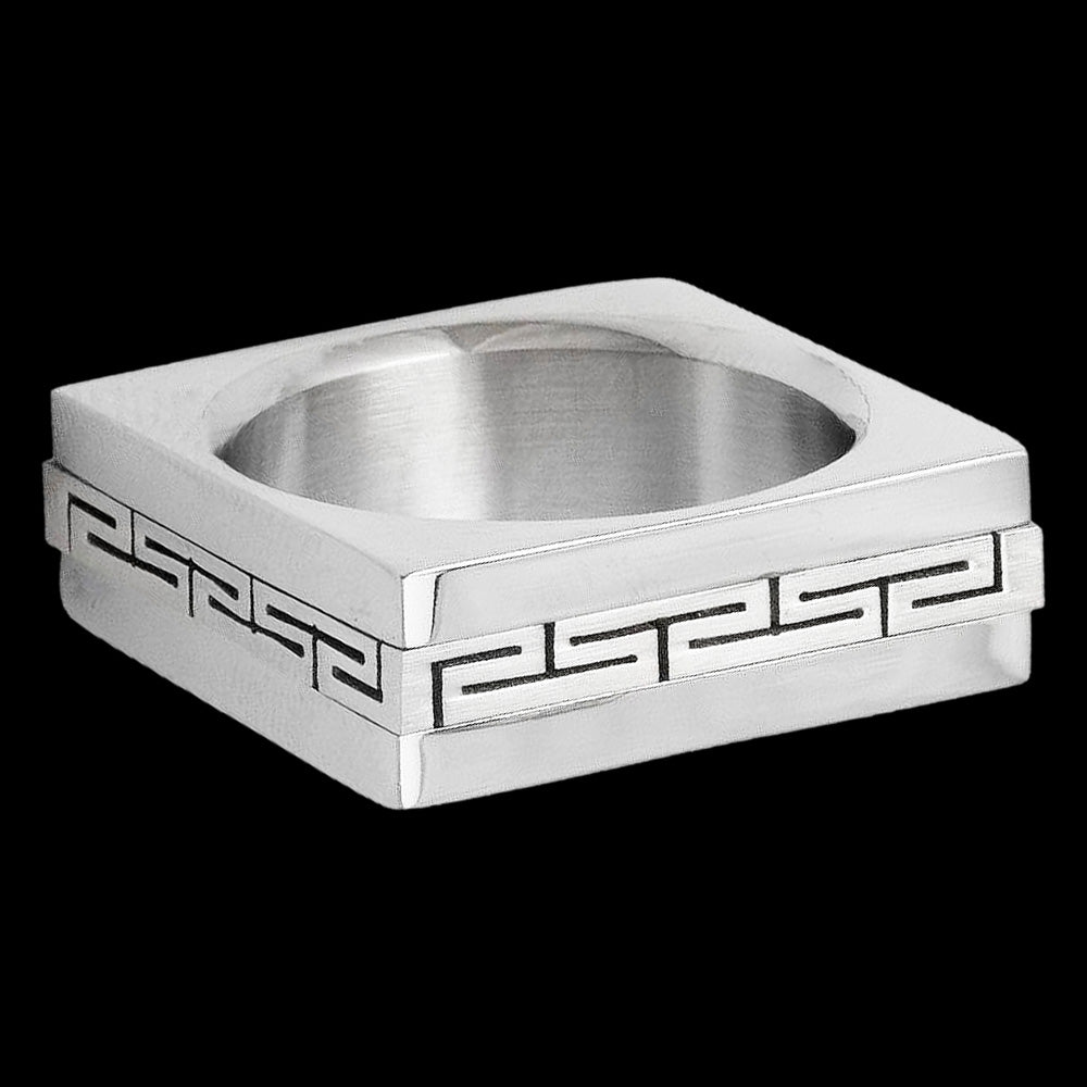 STAINLESS STEEL MEN'S SQUARE GREEK KEY RING - FRONT VIEW