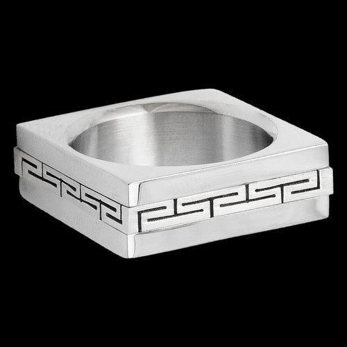 STAINLESS STEEL MEN'S SQUARE GREEK KEY RING - FRONT VIEW