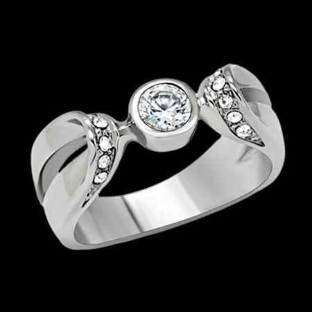 STAINLESS STEEL LADIES CZ SPLIT SHANK SOLITAIRE RING