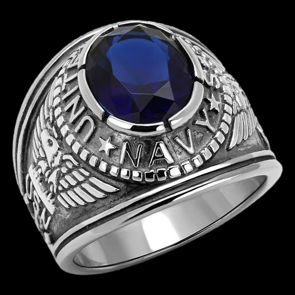 STAINLESS STEEL MEN'S UNITED STATES NAVY BLUE CZ SIGNET RING