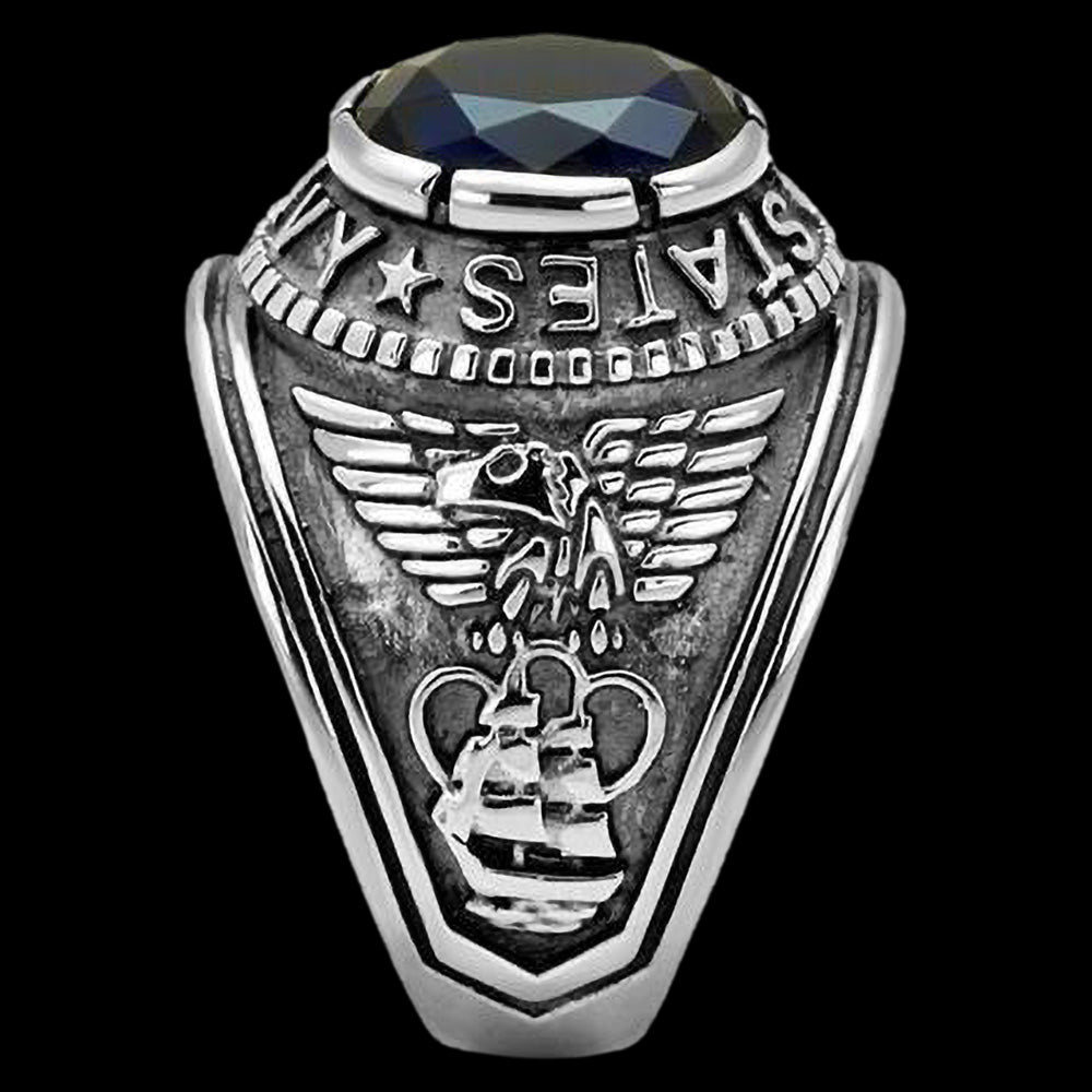 STAINLESS STEEL MEN'S UNITED STATES NAVY BLUE CZ SIGNET RING - SIDE VIEW 1