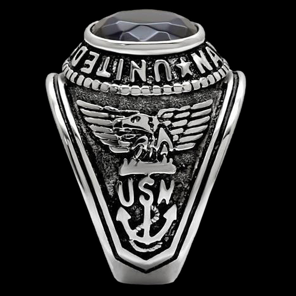 STAINLESS STEEL MEN'S UNITED STATES NAVY BLUE CZ SIGNET RING - SIDE VIEW 2