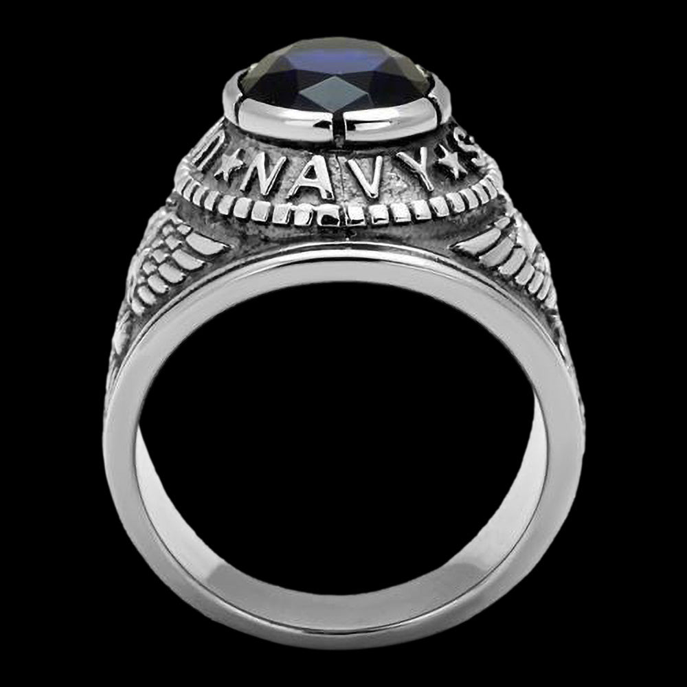 STAINLESS STEEL MEN'S UNITED STATES NAVY BLUE CZ SIGNET RING - SIDE VIEW 3