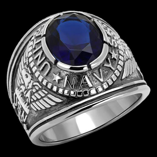 STAINLESS STEEL MEN'S UNITED STATES NAVY BLUE CZ SIGNET RING