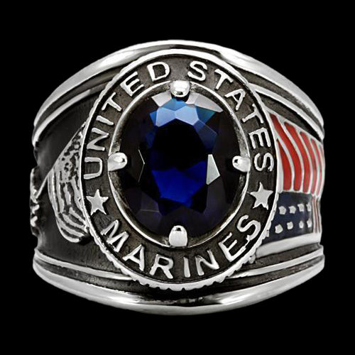STAINLESS STEEL MEN'S UNITED STATES  MARINES BLUE CZ SIGNET RING - TOP VIEW