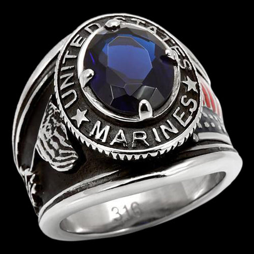 STAINLESS STEEL MEN'S UNITED STATES  MARINES BLUE CZ SIGNET RING