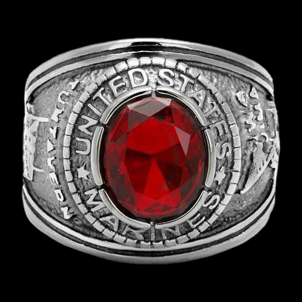 STAINLESS STEEL MEN'S UNITED STATES MARINES RED CZ SIGNET RING - FRONT VIEW