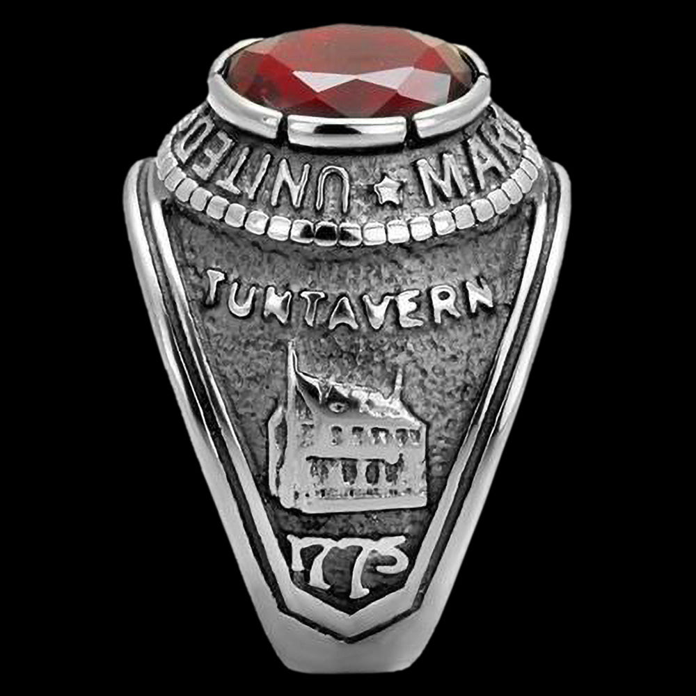 STAINLESS STEEL MEN'S UNITED STATES MARINES RED CZ SIGNET RING - SIDE VIEW 2