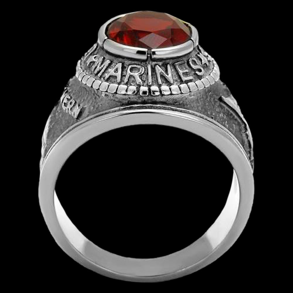 STAINLESS STEEL MEN'S UNITED STATES MARINES RED CZ SIGNET RING - SIDE VIEW 3